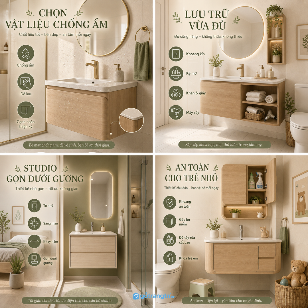 Studio hợp tủ lavabo treo tường mỏng và sáng màu