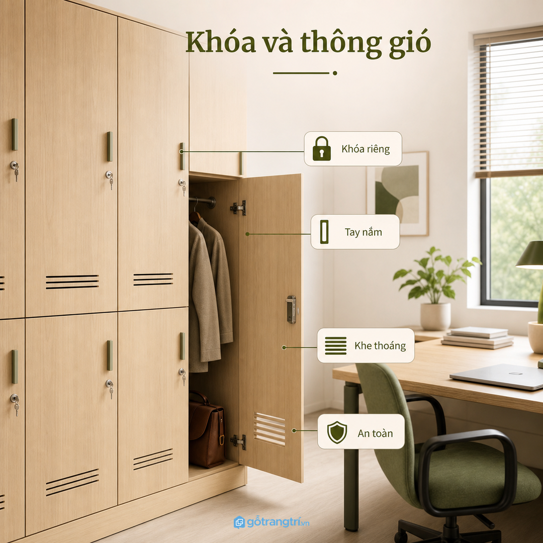 Khóa, tay nắm và khe thoáng giúp locker dùng an toàn và bền hơn