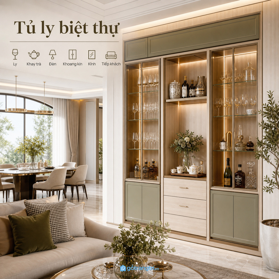Phòng khách lớn cần tủ ly như mảng kiến trúc
