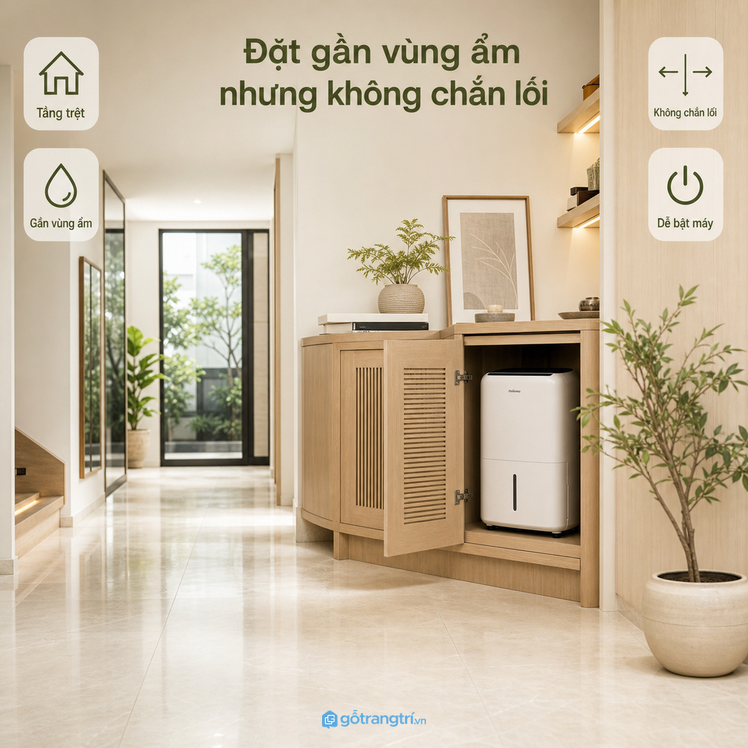 Nhà phố tầng trệt nên đặt tủ gần vùng ẩm nhưng không chắn lối sinh hoạt