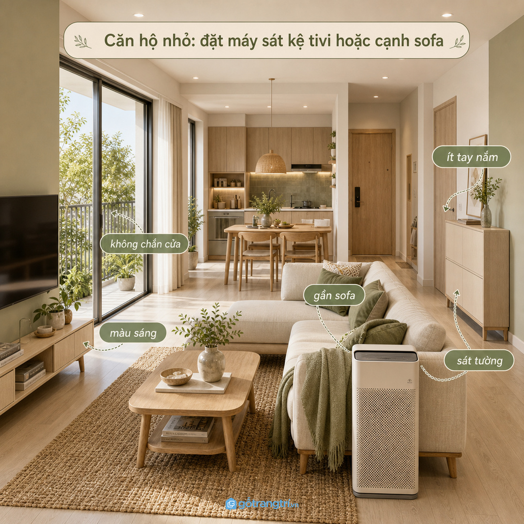 Căn hộ nhỏ cần kệ mỏng sát tường và không chắn cửa gió