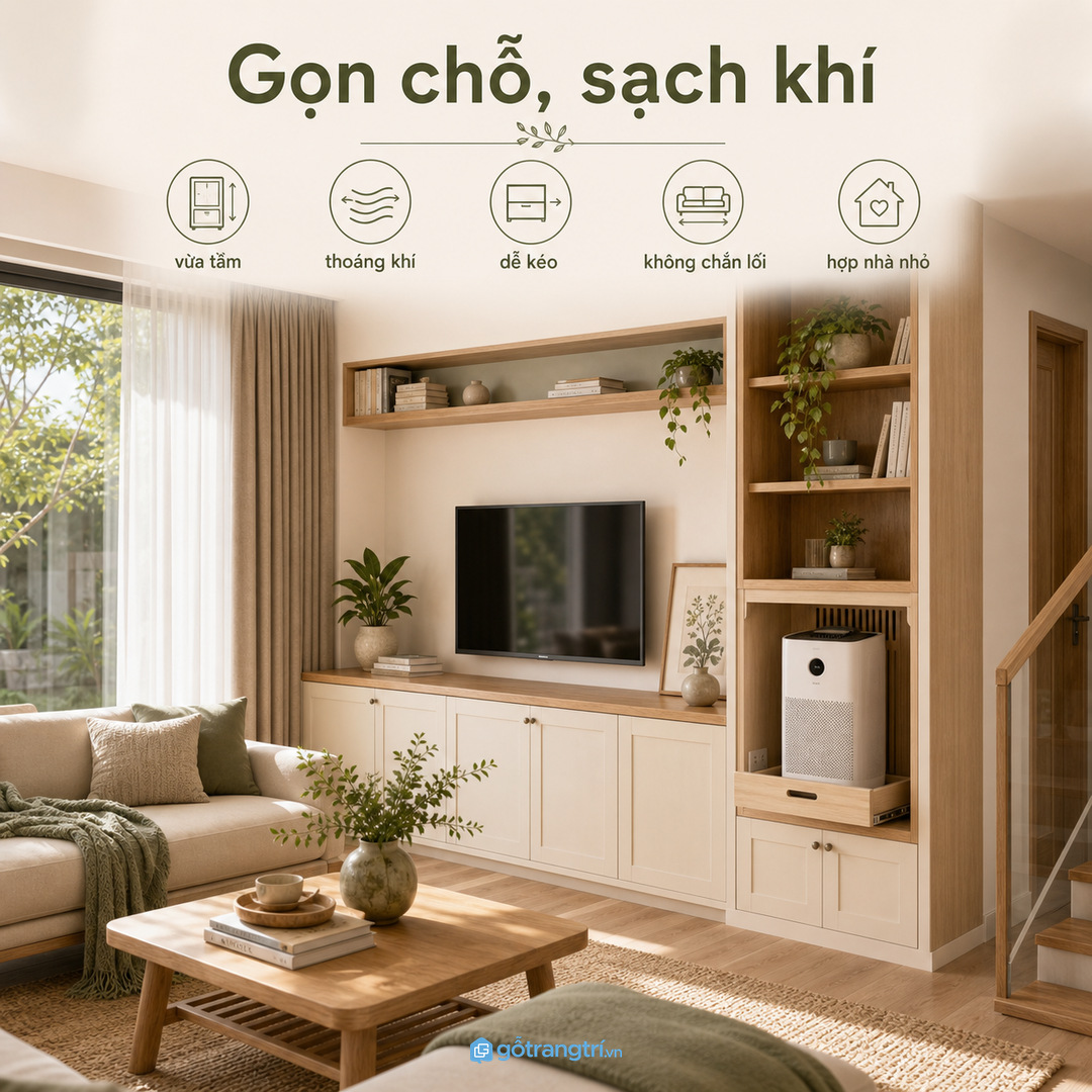 Phòng khách nhỏ dùng kệ tivi làm điểm giấu máy