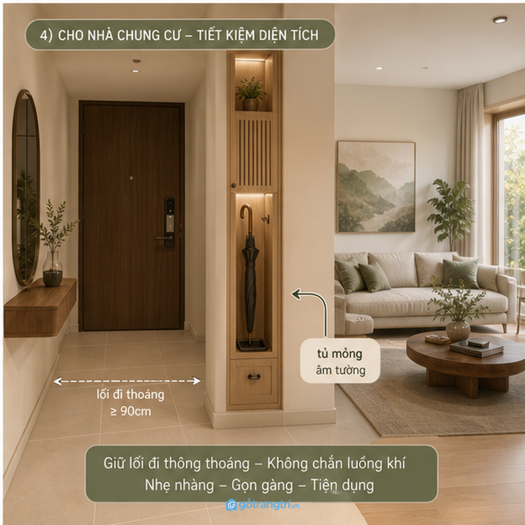 Căn hộ nhỏ hợp tủ mỏng hoặc âm hốc gần cửa