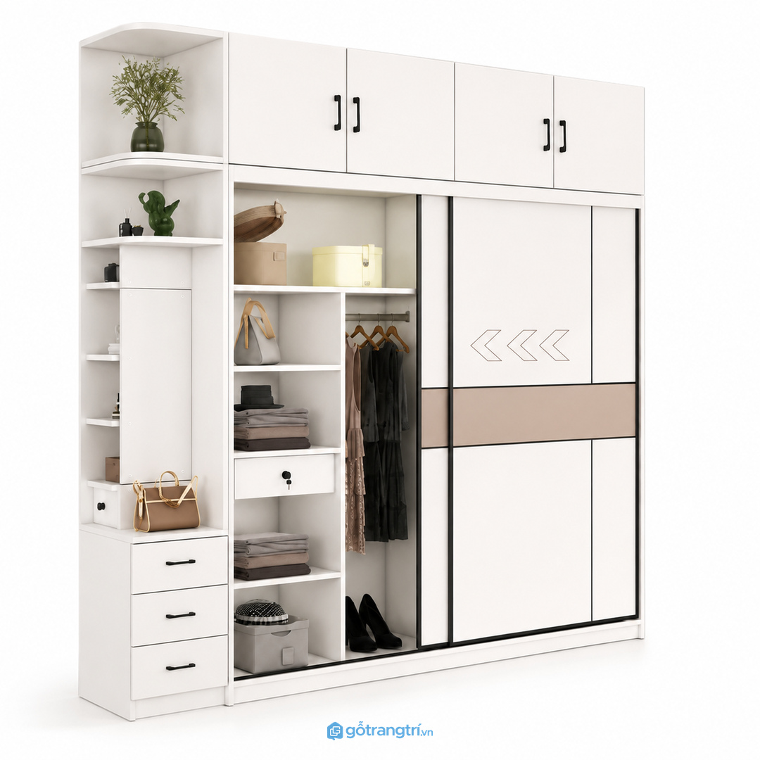 Phòng ngủ chung cư đặt giường sát tủ nên ưu tiên tủ cửa lùa màu sáng