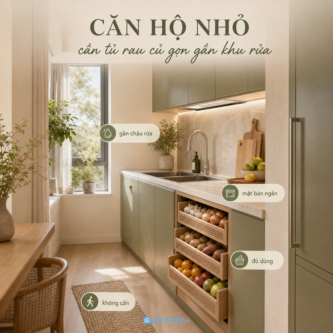 Căn hộ nhỏ cần tủ rau củ gọn gần khu rửa