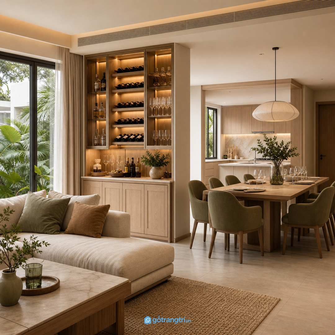 Tủ rượu gần bàn ăn cần tiện dùng nhưng tránh khu nóng ẩm của bếp