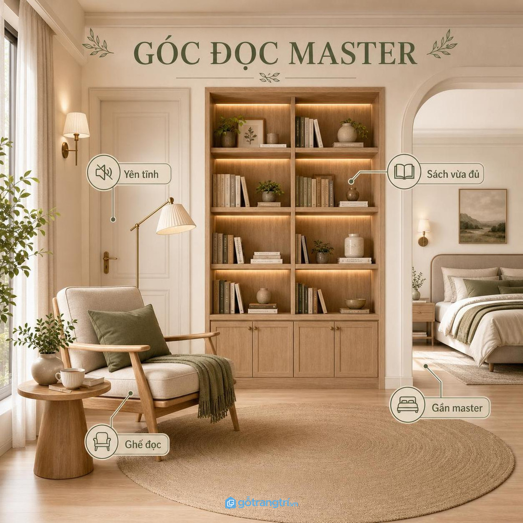 Góc đọc cạnh phòng ngủ master cần yên tĩnh, ánh sáng mềm và tủ sách vừa đủ