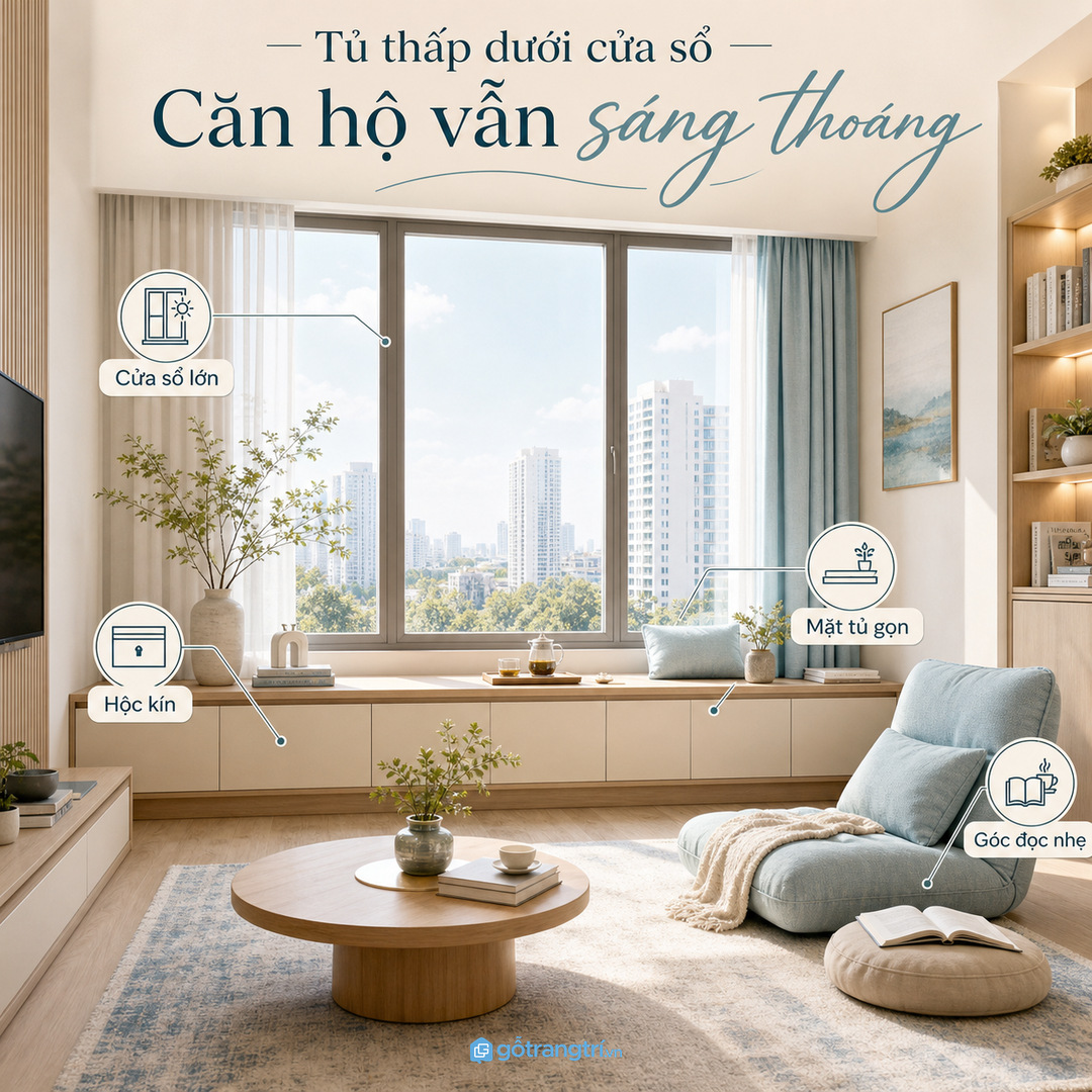 Nhà phố hẹp ngang cần tủ mỏng để giữ lối đi quanh sofa