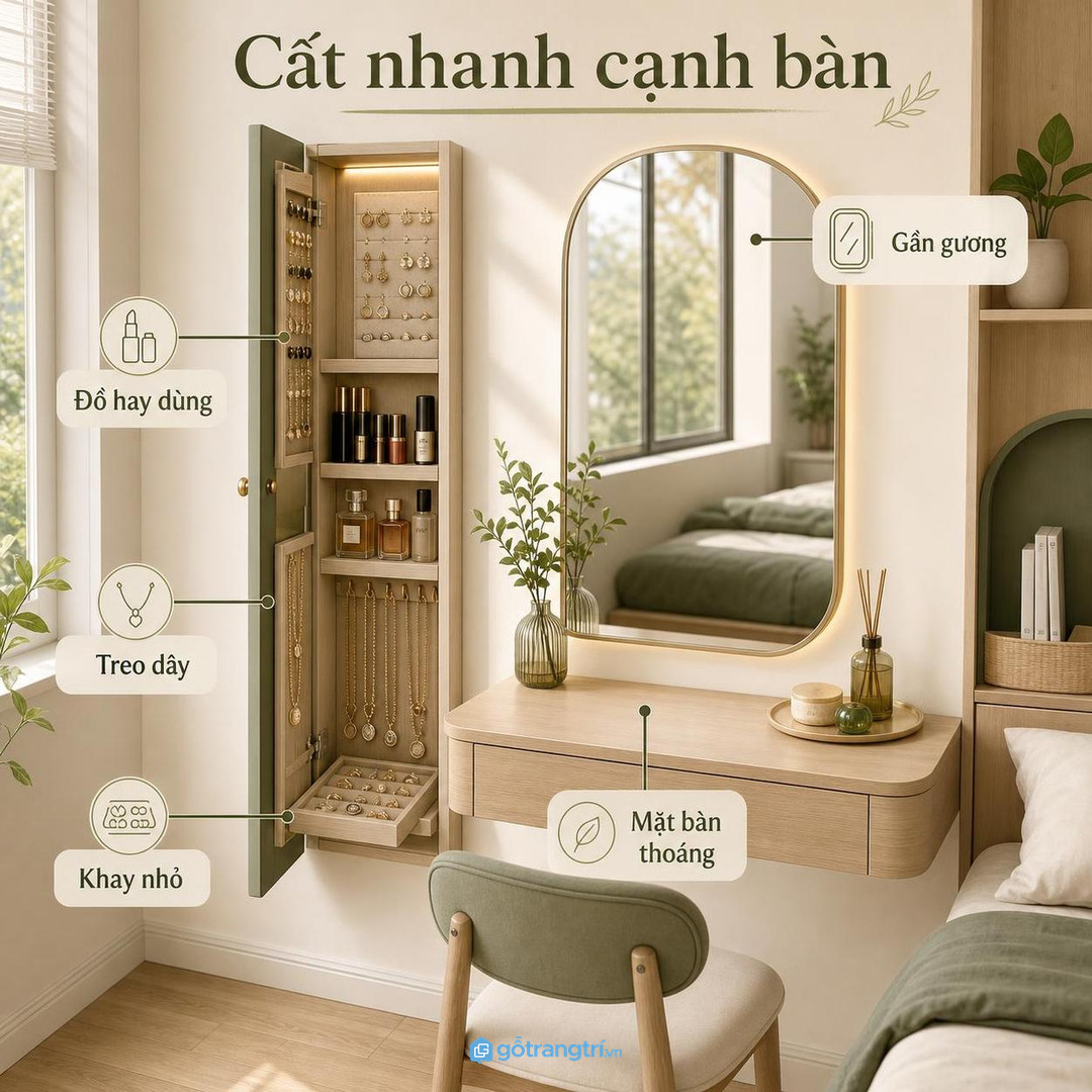 Góc cạnh bàn trang điểm cần cất nhanh đồ hay dùng
