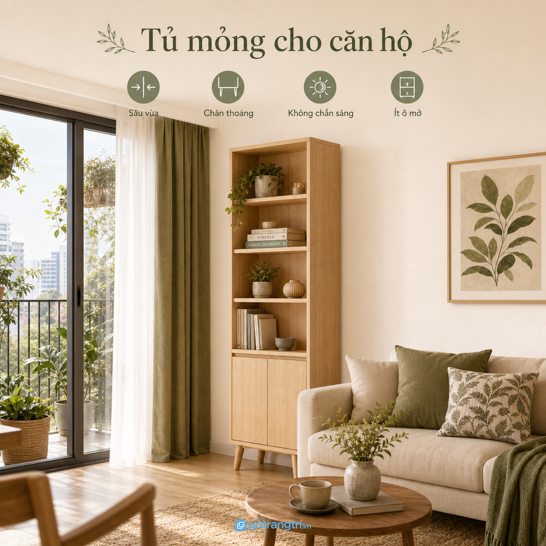 Căn hộ nhỏ hợp tủ mỏng, cao vừa phải và không chắn sáng