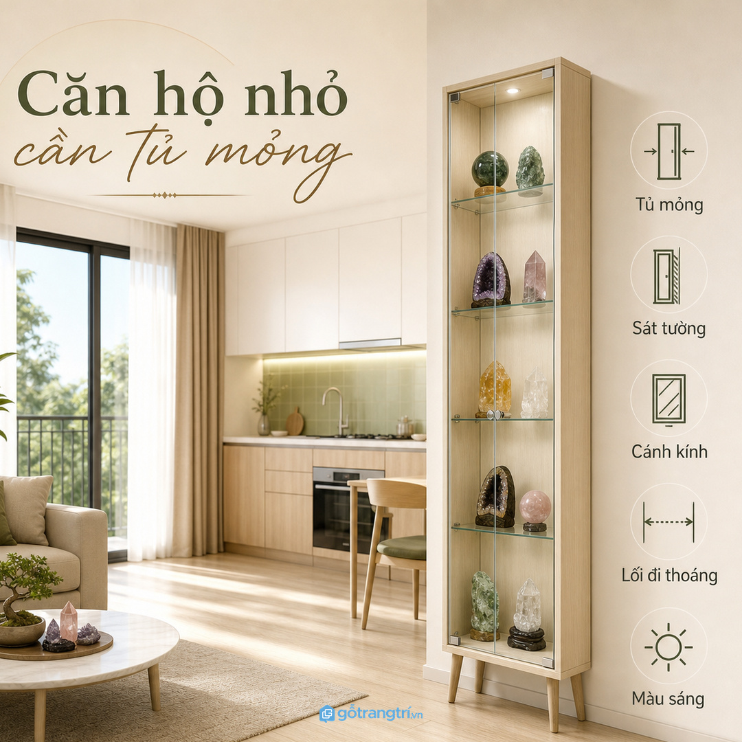 Căn hộ nhỏ nên dùng tủ mỏng, sáng và ít chi tiết