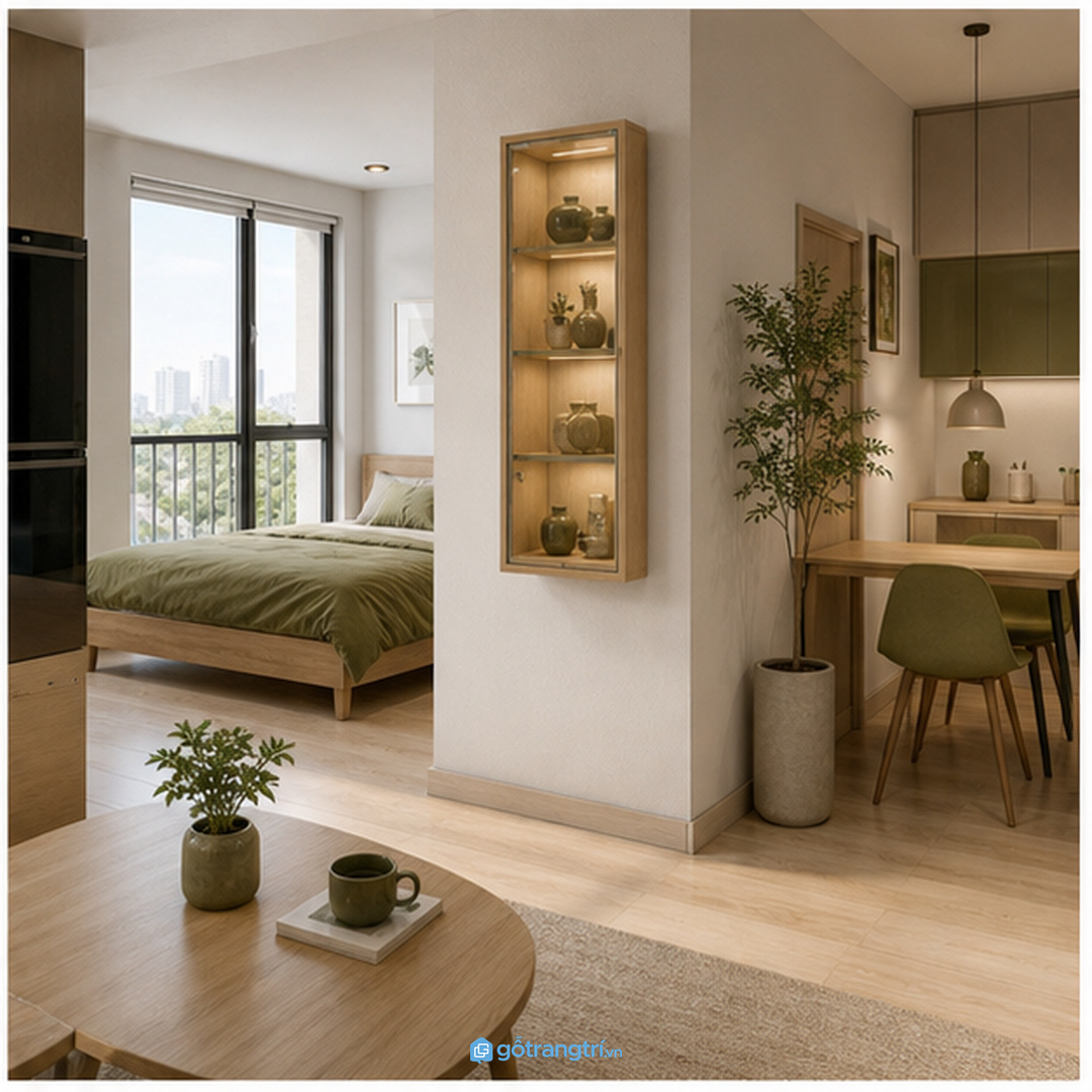 Căn hộ studio hợp tủ treo hoặc tủ mỏng sát tường
