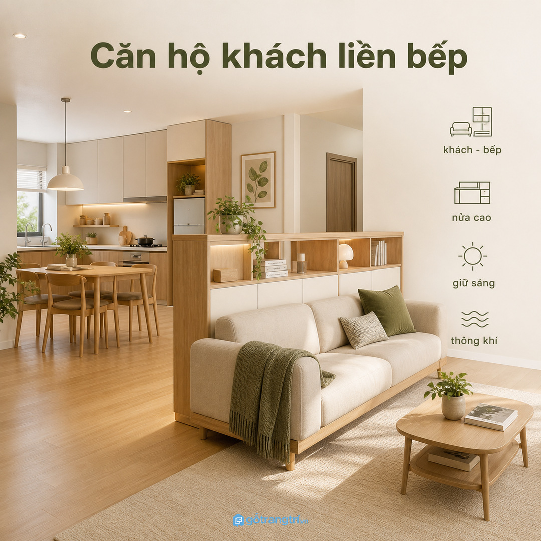 Căn hộ khách liền bếp có thể dùng tủ sau sofa nửa cao để chia nhẹ không gian