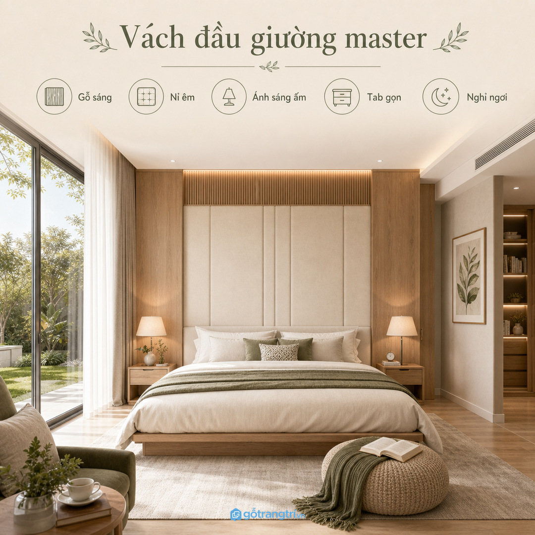 Phòng ngủ master rộng nên dùng vách đầu giường ấm, sáng và có khoảng thở