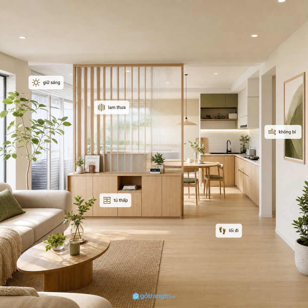 Căn hộ nhỏ nên dùng vách nhẹ để tách khu khách bếp mà không chắn sáng