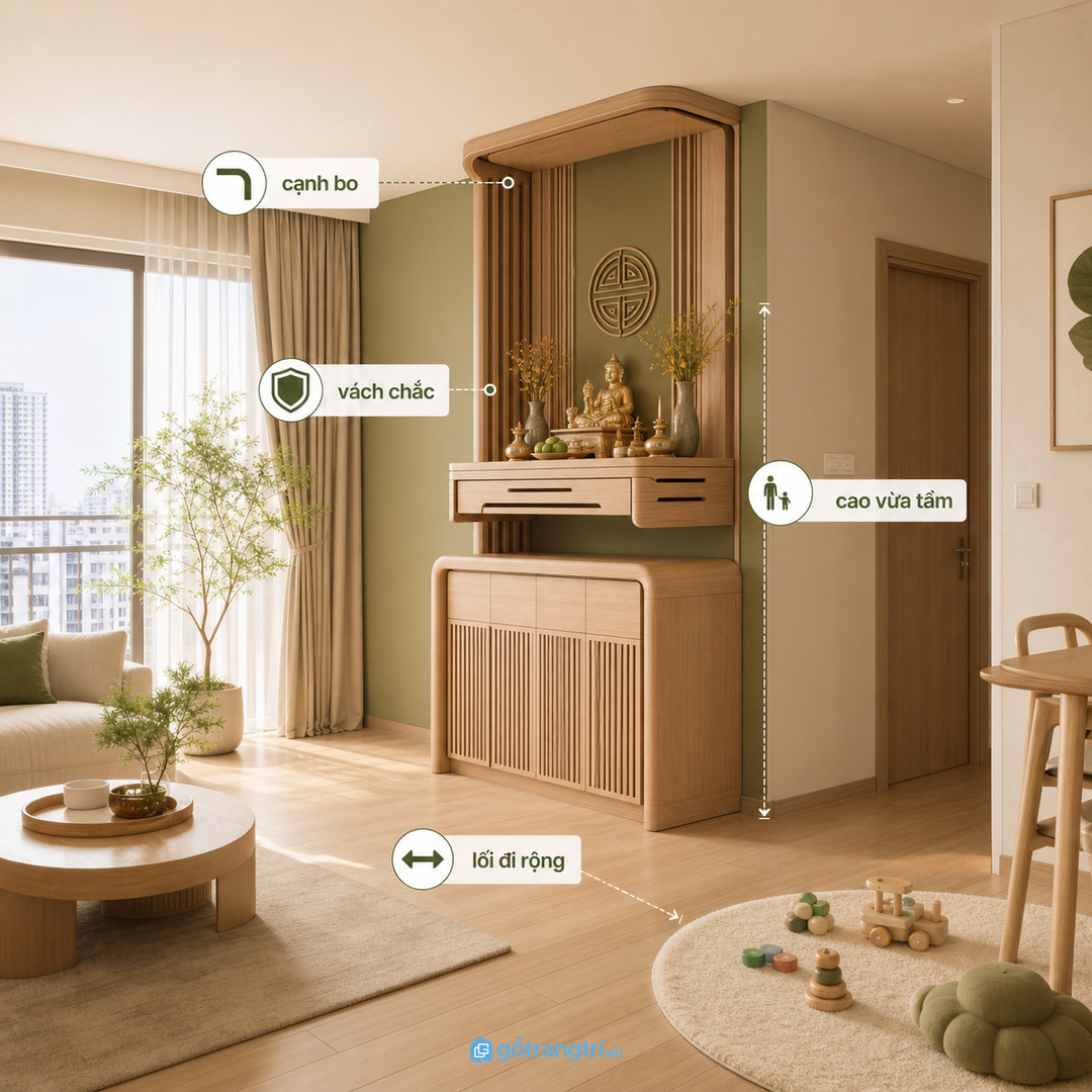 Phòng khách liền bếp cần vách thờ nhẹ, thoáng và sạch mùi