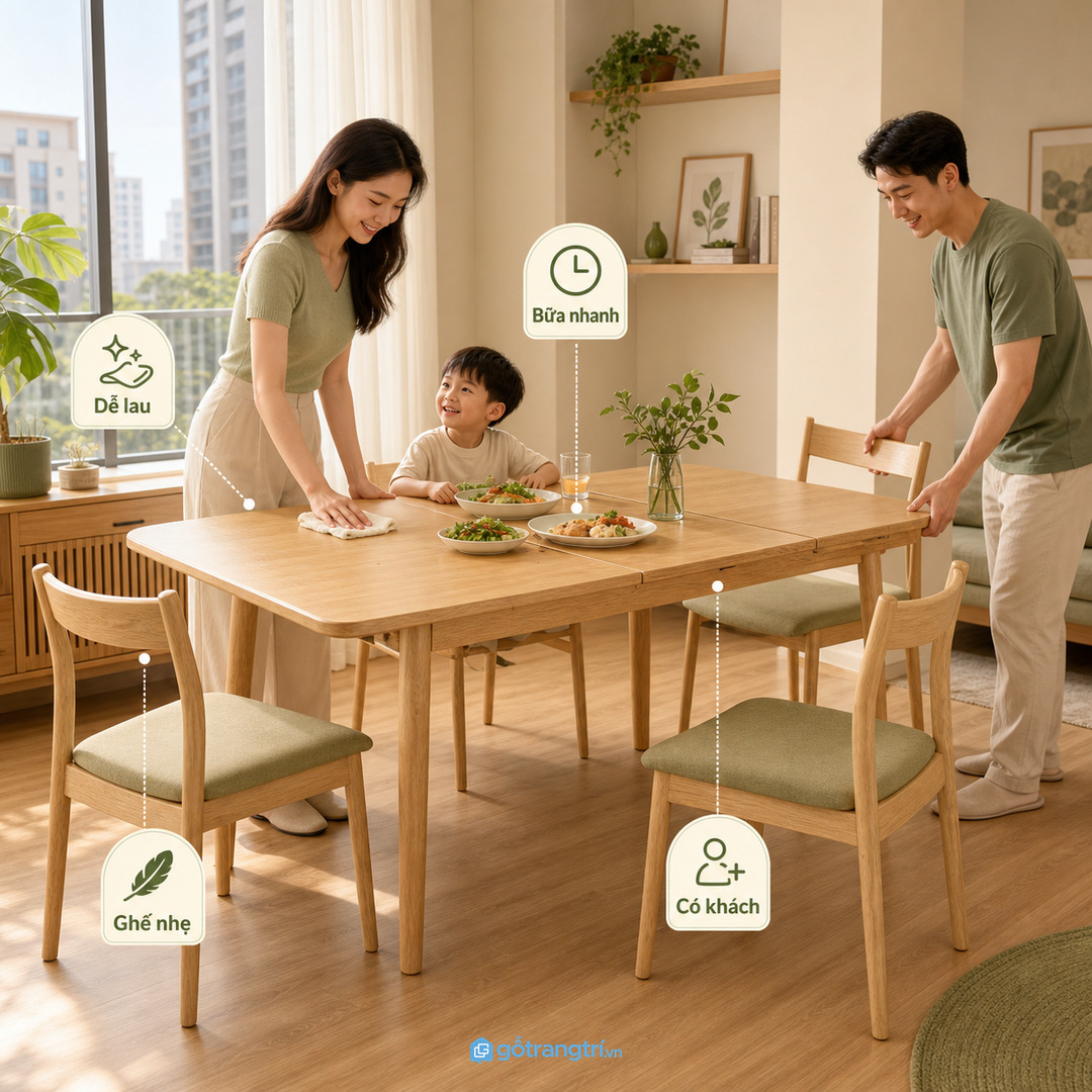 Gia đình trẻ cần bàn linh hoạt nhưng dễ vệ sinh