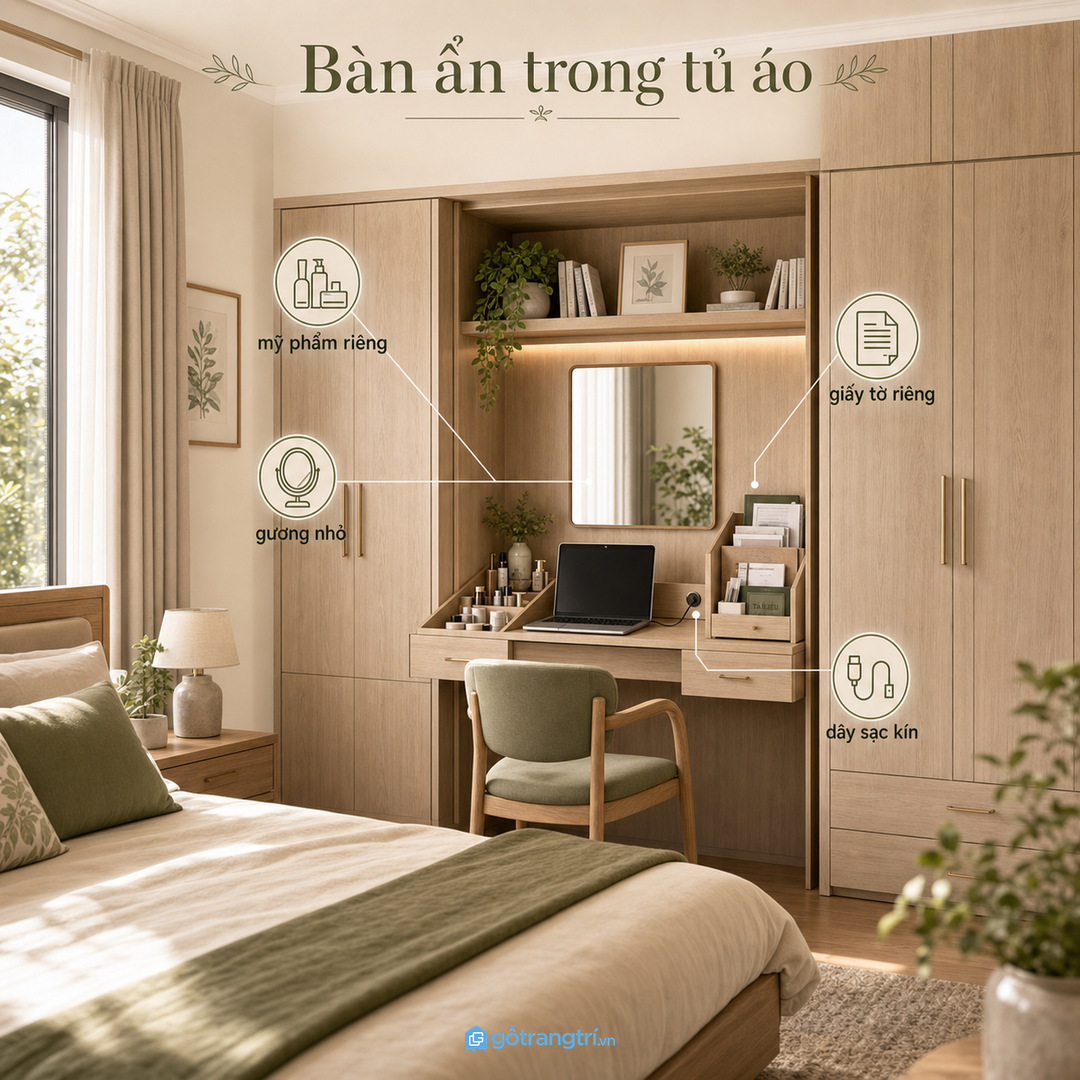 Phòng vợ chồng muốn kiêm bàn trang điểm và bàn làm việc