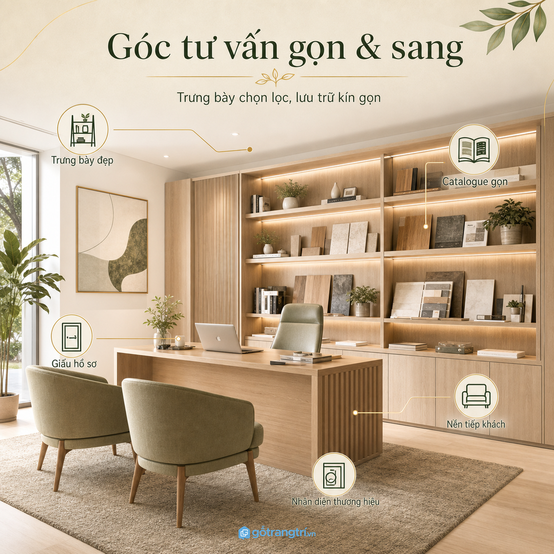 Showroom hoặc văn phòng tiếp khách nên kết hợp lưu trữ với trưng bày đẹp