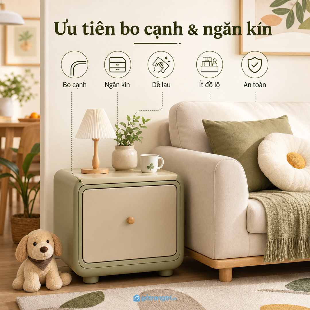 Nhà phố hẹp ngang cần bàn phụ mỏng, bo cạnh và không chắn lối