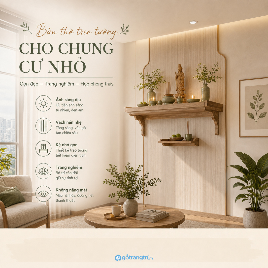 Nhà phố nhỏ cần góc thờ treo tường yên, sáng và không chen vào lối đi