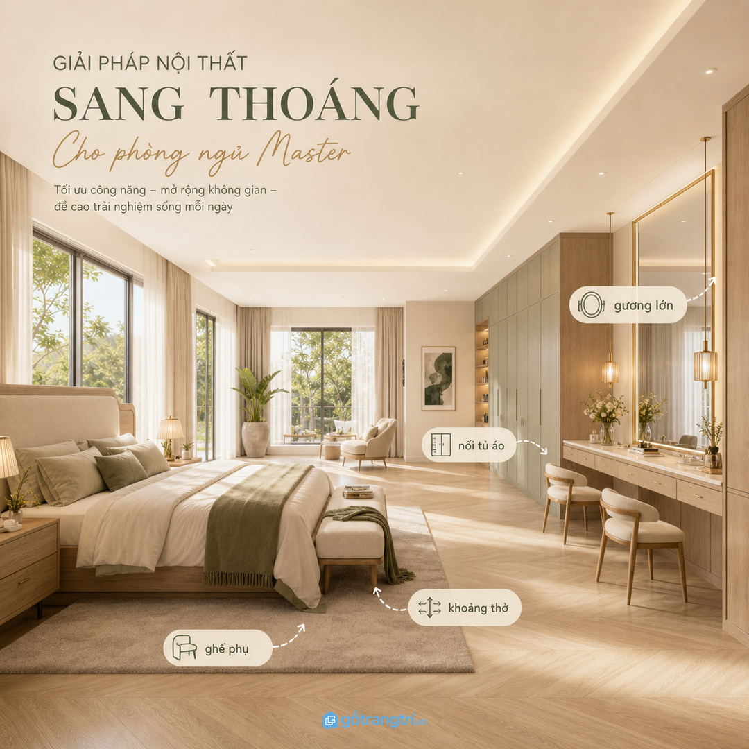 Phòng master rộng có thể làm bàn đôi nối tủ áo và ghế phụ