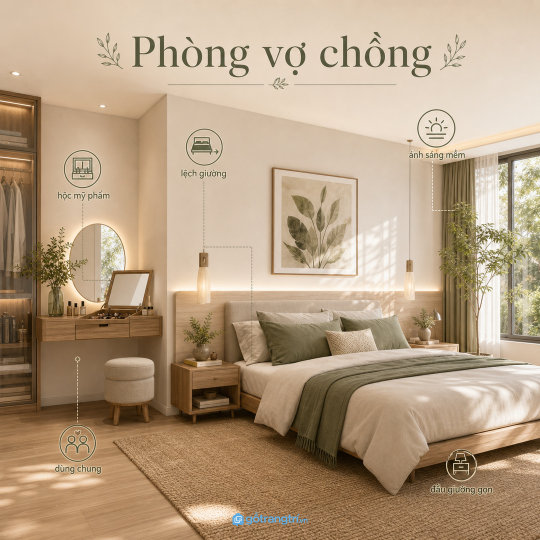 Phòng ngủ vợ chồng cần góc làm đẹp riêng nhưng vẫn yên tĩnh