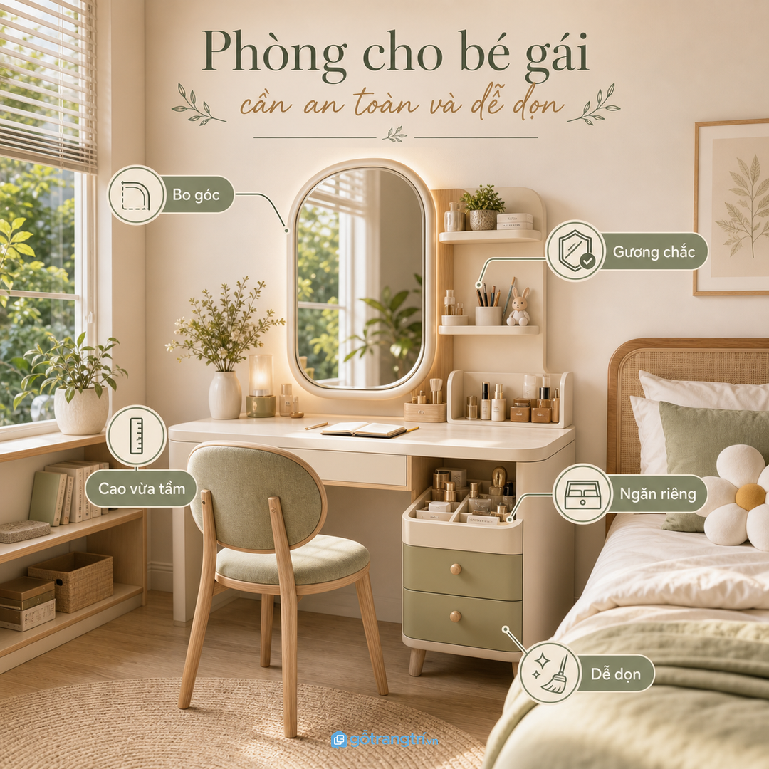 Bàn trang điểm an toàn và dễ dọn cho phòng bé gái