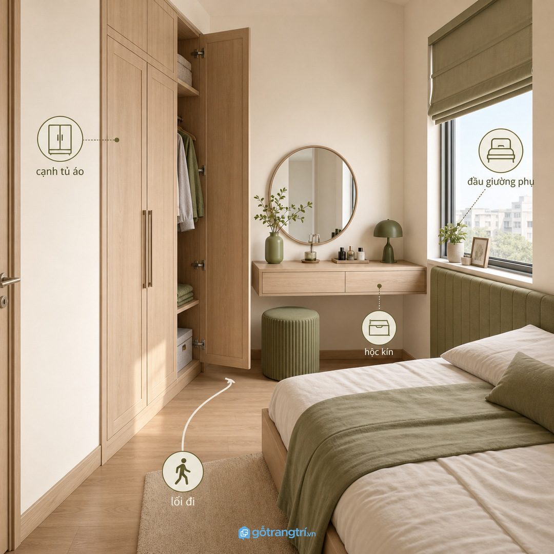 Phòng ngủ hẹp hợp bàn treo cạnh tủ áo hoặc đầu giường phụ