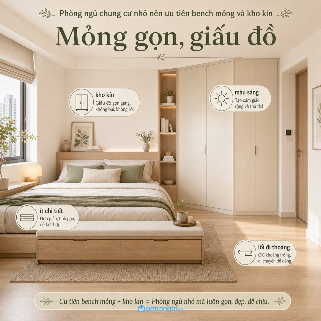 Phòng chung cư nhỏ hợp bench mỏng, kho kín và màu sáng