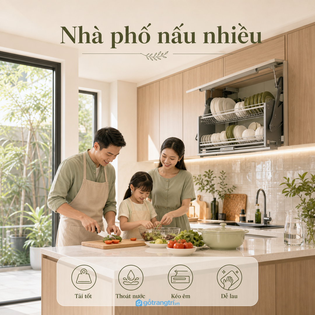 Nhà phố nấu nhiều cần giá bát nâng hạ chắc, thoát nước tốt và kéo êm