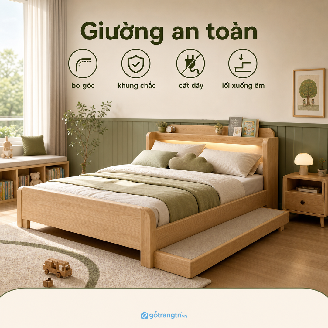 Nhà có trẻ nhỏ cần giường chắc, bo cạnh và cất dây điện kín