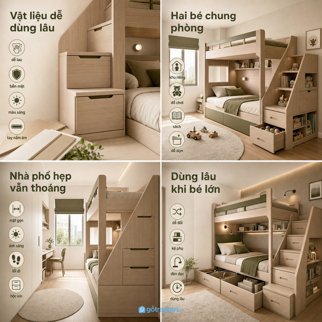Phòng ngủ nhà phố hẹp nên chọn mặt giường tầng gọn và màu sáng