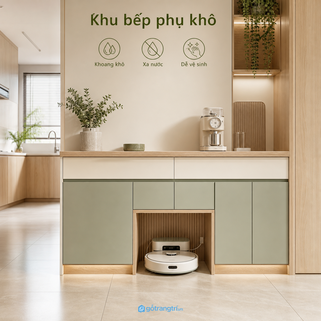 Khu bếp phụ cần hộc kín nhẹ để giấu đồ vệ sinh đi kèm