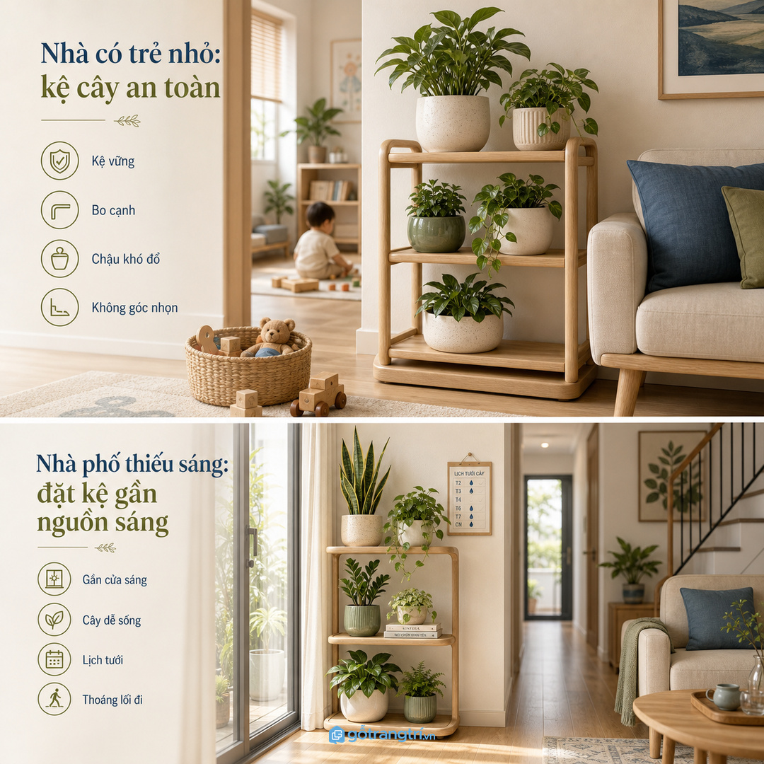 Nhà có trẻ nhỏ cần kệ vững, bo cạnh và chậu khó đổ