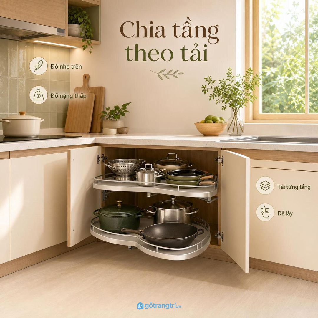 Gia đình nhiều nồi chảo nên chia tầng kệ góc theo tải trọng