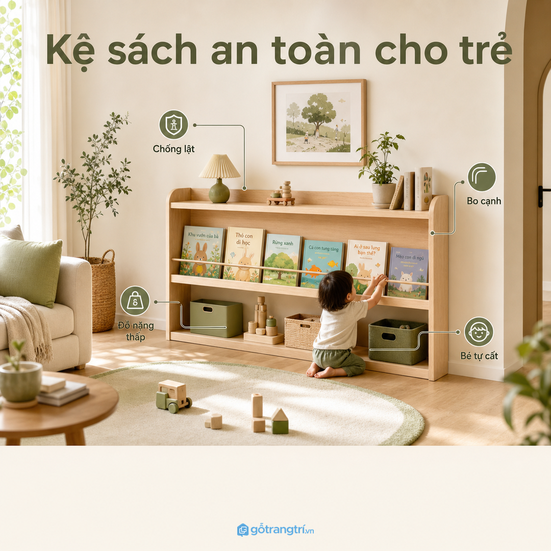 Nhà có trẻ nhỏ cần kệ sách chắc, bo cạnh và chống lật