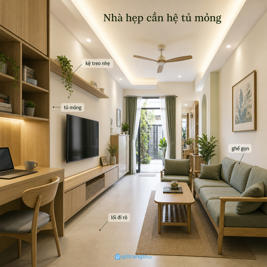 Nhà phố hẹp ngang nên ưu tiên hệ tủ mỏng