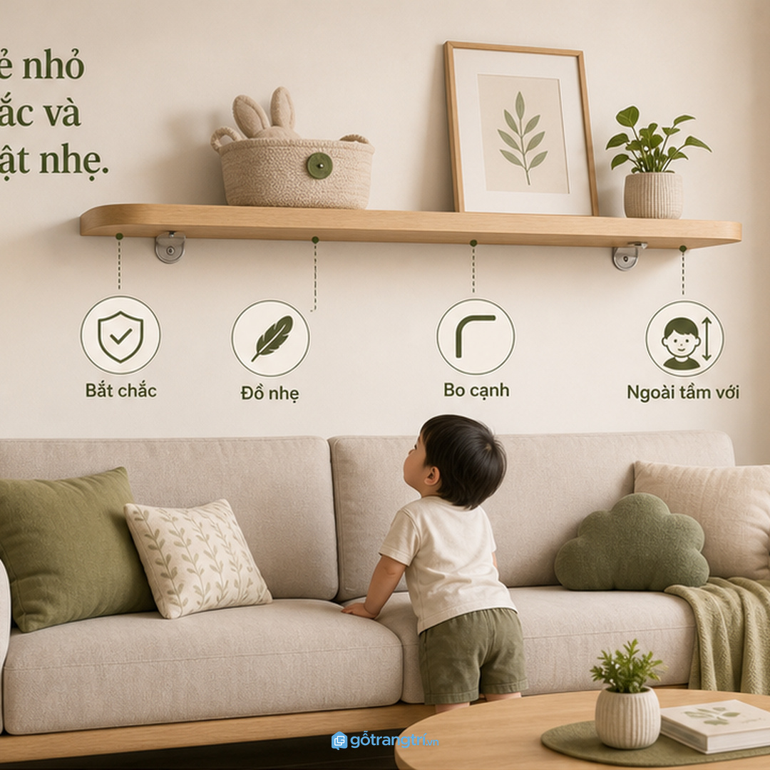 Nhà có trẻ nhỏ cần kệ chắc, cạnh mềm và đồ bày nhẹ