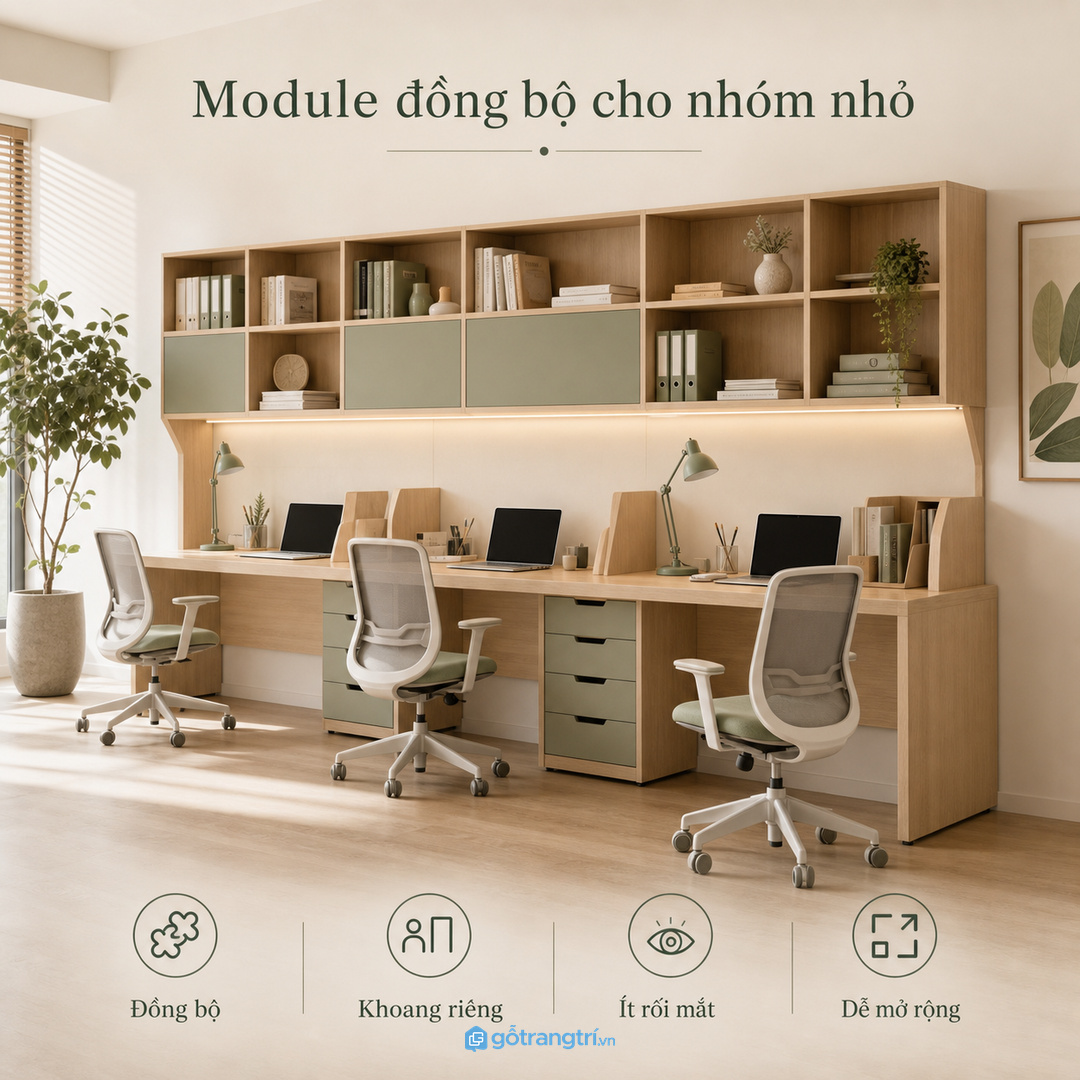 Cụm 2-4 người nên dùng kệ đồng bộ để văn phòng không rối.