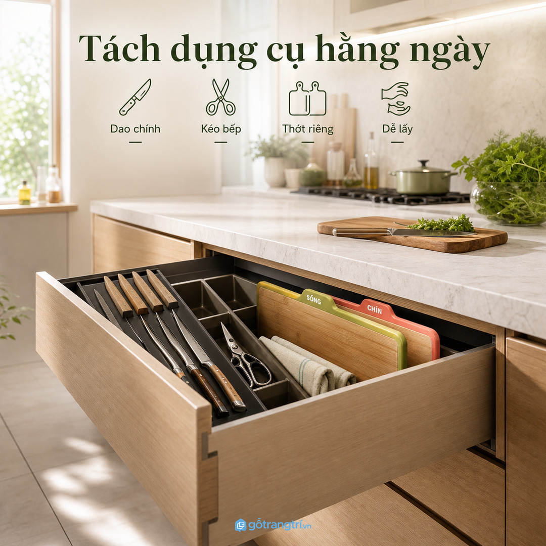 Gia đình nấu thường xuyên nên tách dao chính, kéo và thớt