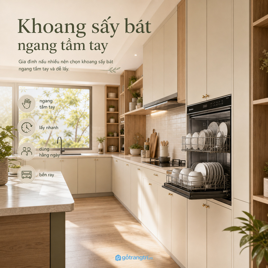 Gia đình nấu nhiều nên đặt khoang sấy bát ngang tầm tay