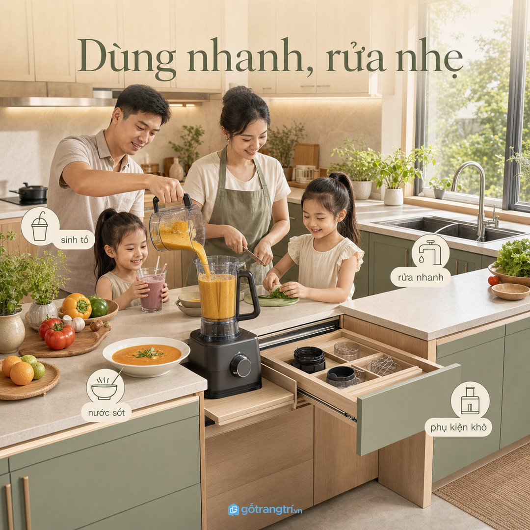 Gia đình dùng máy xay thường xuyên nên bố trí khoang ngang tầm tay