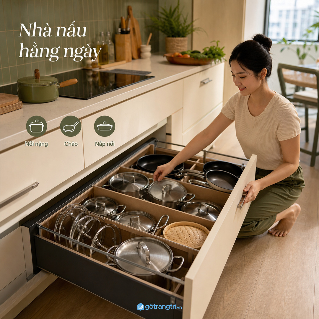 Gia đình nhiều nồi chảo nên chia tầng ngăn kéo theo tải trọng