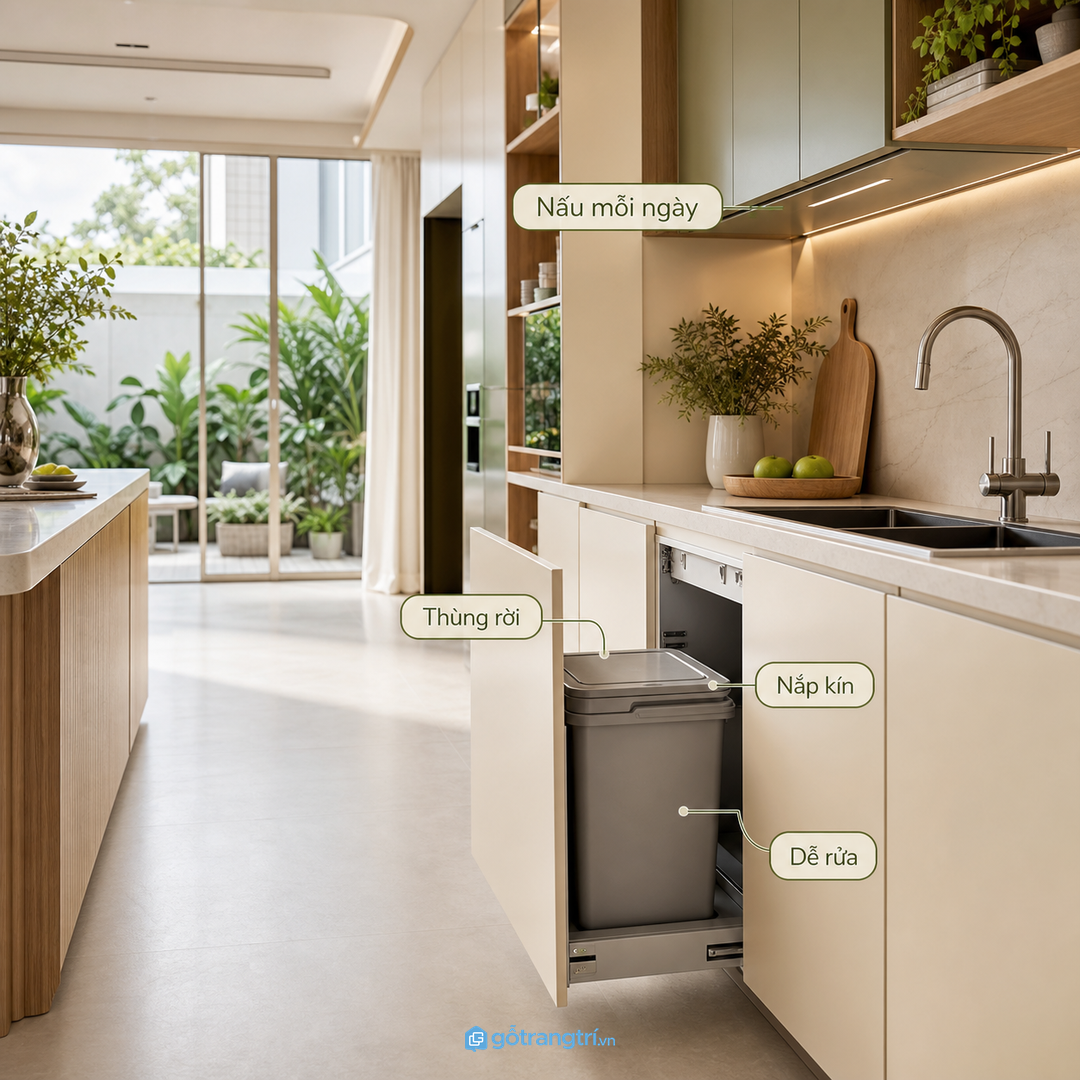 Nhà phố nấu nhiều cần thùng rác âm dễ vệ sinh và ray kéo chắc