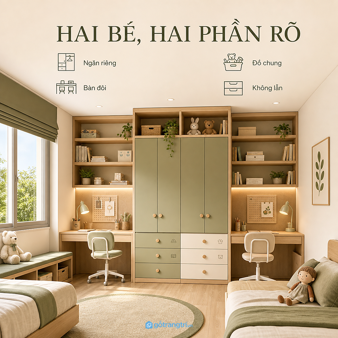 Phòng hai bé nên chia phần dùng chung và phần riêng
