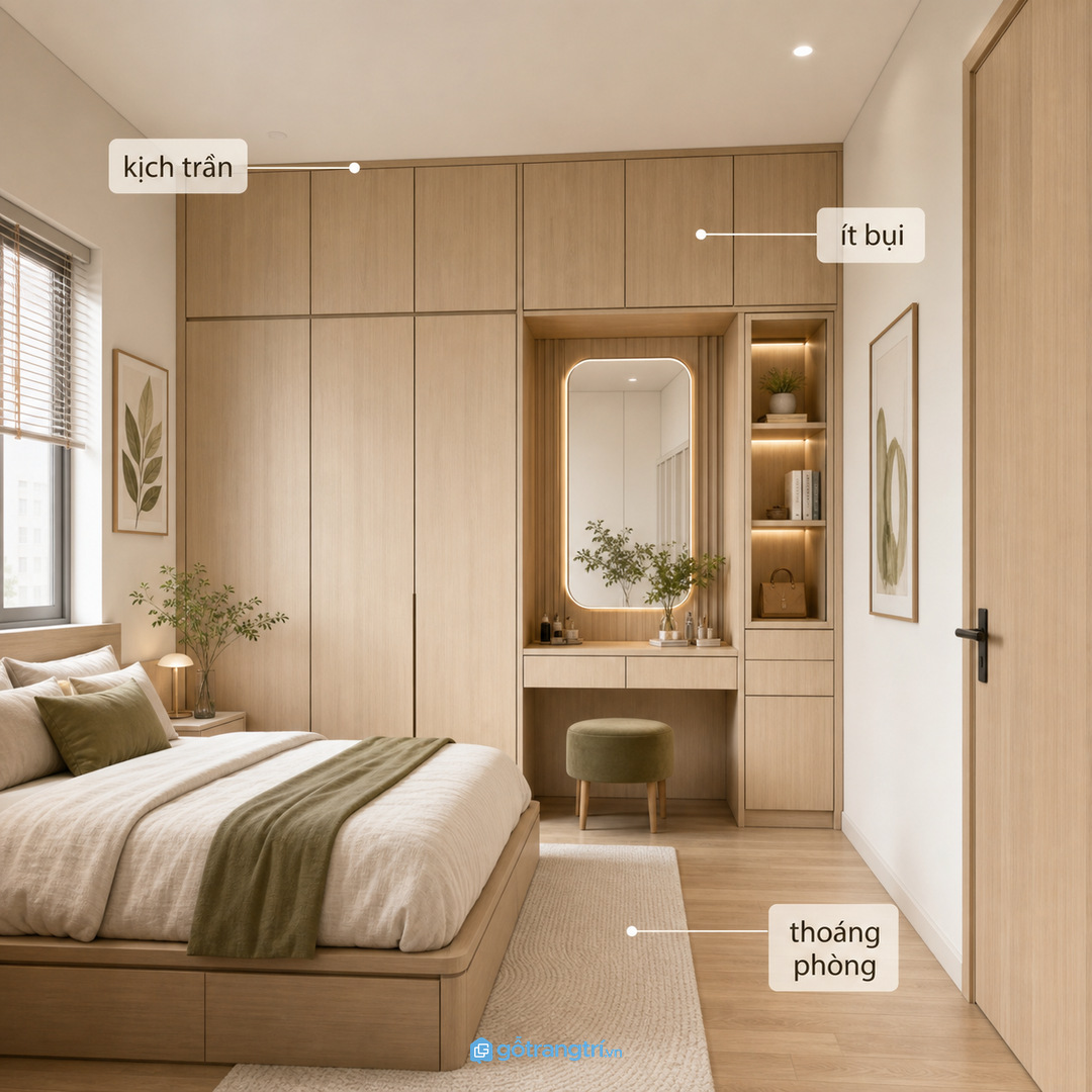 Góc bàn phấn trong tủ áo giúp chuẩn bị nhanh và giữ ghế gọn