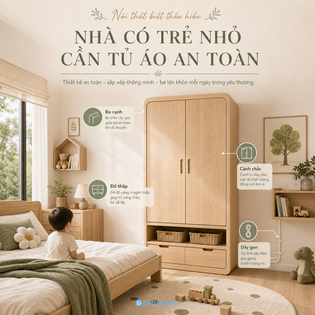 Nhà có trẻ nhỏ cần tủ áo an toàn và dễ dọn