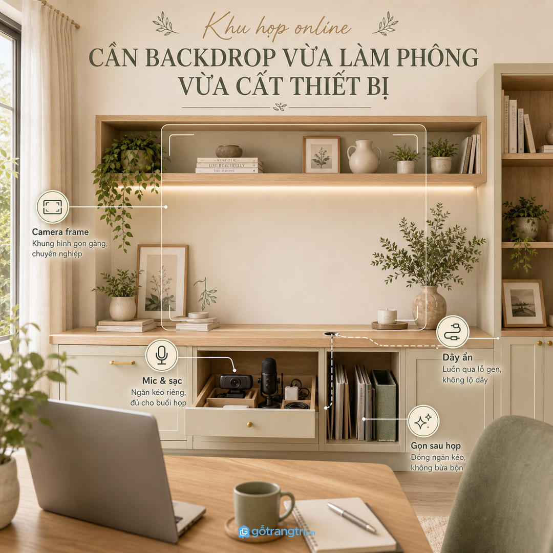 Khu họp online cần backdrop vừa làm phông vừa cất thiết bị