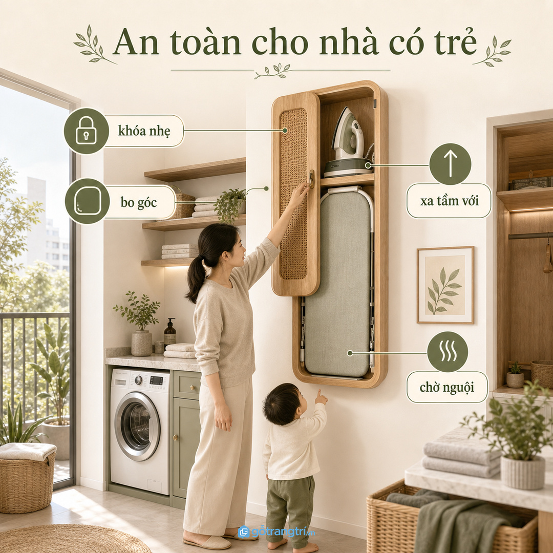Gia đình có trẻ nhỏ cần khóa nhẹ, bo góc và giấu thiết bị nóng ngoài tầm với